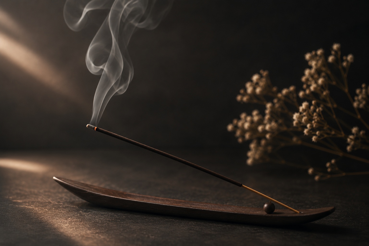 Minimalist burning incense stick with soft smoke